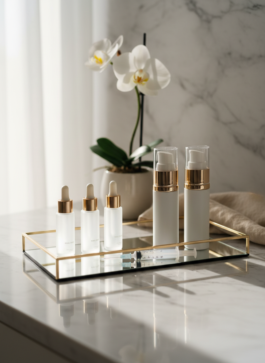 A close-up photographic composition of premium skincare products used in advanced aesthetics and facial harmonization, elegantly arranged on a glossy, light-colored stone countertop. Frosted glass ampoules, matte white airless pumps with fine gold trim, and a clear syringe filled with a translucent gel are carefully positioned on a mirrored tray. In the background, out of focus, are organic elements like a single white orchid and a folded sand-colored linen cloth. Gentle natural side light from an unseen window creates luminous reflections on the glass and soft shadows that emphasize textures. Shot at a low, intimate angle with shallow depth of field, the overall mood is refined, clean, and luxurious, reflecting a sophisticated clinical-meets-spa aesthetic in true photographic realism.