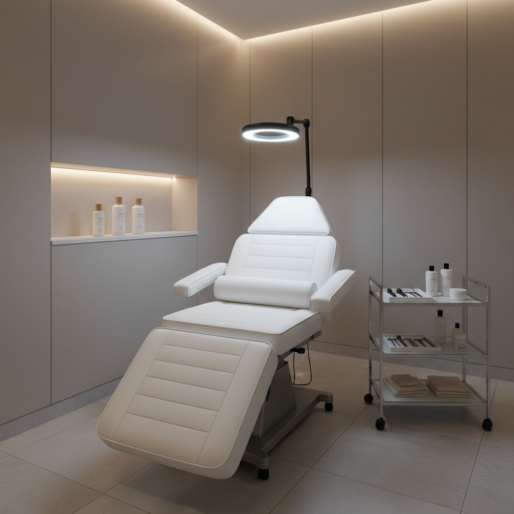 An immaculate treatment room prepared for a facial harmonization session, featuring a high-end white treatment bed with smooth leather upholstery and precise stitching, slightly inclined beneath a sleek adjustable LED magnifying lamp. Beside it, a narrow glass trolley holds organized trays of sterile instruments, minimalistic white bottles, and neatly folded beige towels. The room’s walls are a soft, warm gray with subtle vertical paneling, and a built-in niche softly lit by hidden LEDs displays sculptural skincare bottles. Soft studio lighting combined with indirect ceiling lights creates a serene, evenly illuminated space. Captured from a slightly elevated angle with balanced composition and sharp focus throughout, this photographic realism scene exudes sophistication, calm, and professional expertise in advanced aesthetics.