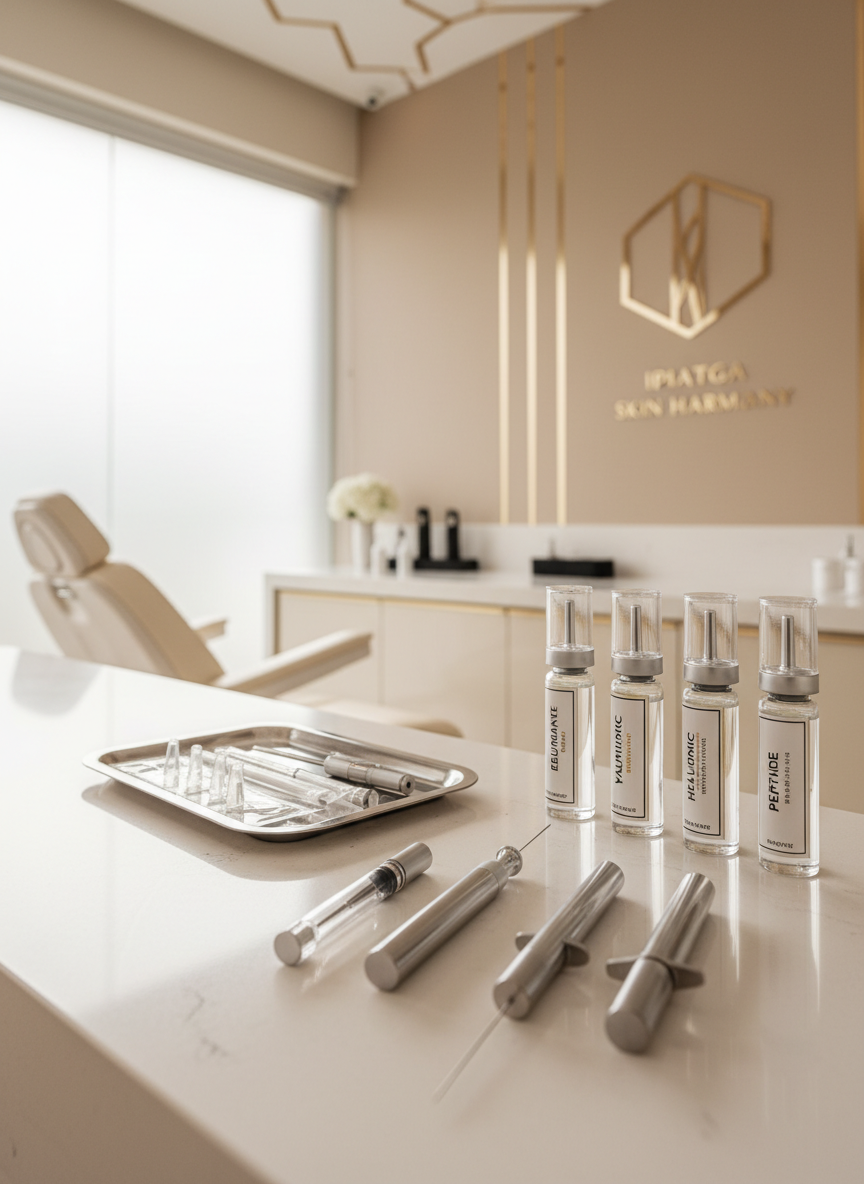A luxurious arrangement of advanced aesthetic equipment on a pristine white counter in a high-end facial clinic in Ipatinga, MG. Sleek metallic injectors, crystal-clear glass serum vials with elegant labels, and a polished silver tray sit against a backdrop of soft beige walls and subtle gold accents. Diffused natural daylight filters through a frosted window, creating gentle highlights on chrome surfaces and soft reflections on glossy cabinetry. Photographed at eye level with a shallow depth of field, the foreground instruments are in crisp focus while the sophisticated clinic environment recedes into a creamy bokeh. The mood is refined, clinical yet inviting, with photographic realism and a clean, modern aesthetic that communicates trust, precision, and advanced facial harmonization.